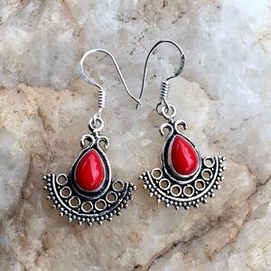 RED ITALIAN CORAL teardrop filigree fan earrings NWT